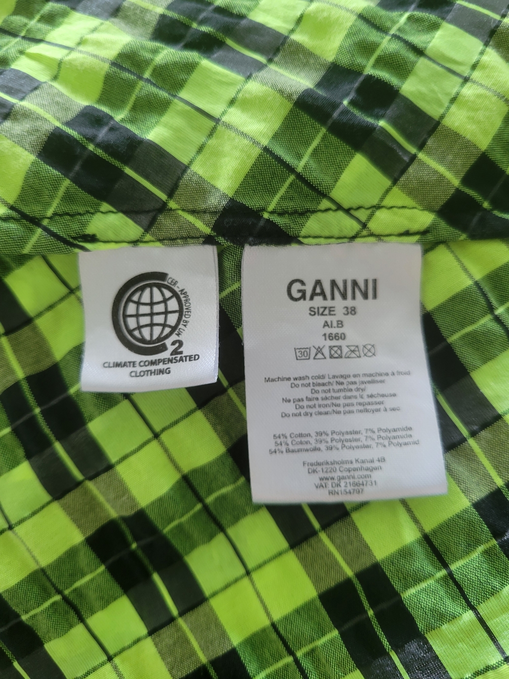 Ganni Neon Green and Black Plaid Smocked Maxi Dress - Picture 7 of 7